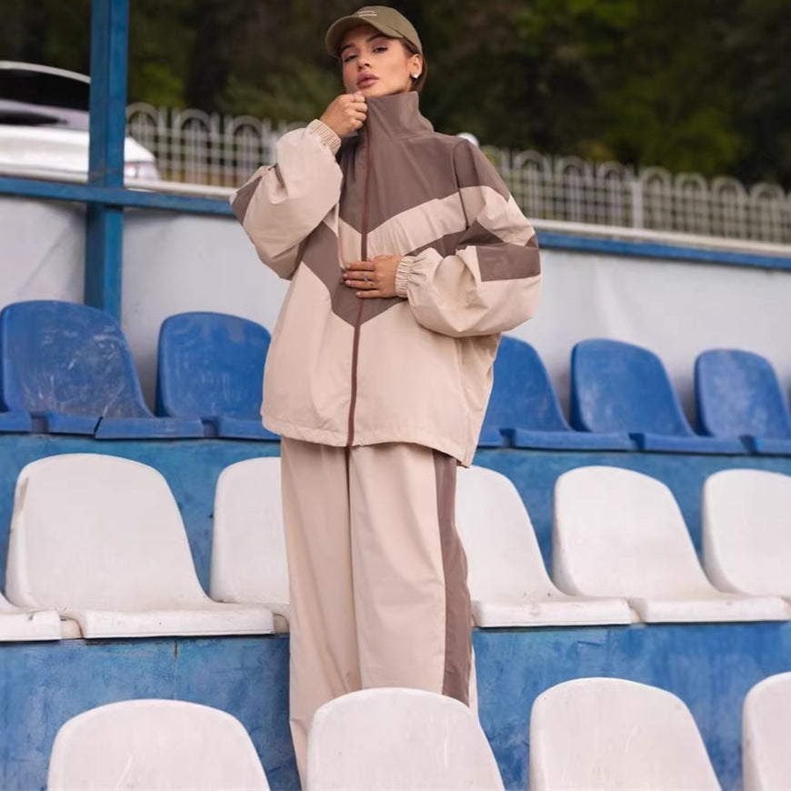 Damen sportlicher Windbreaker-Anzug mit hochgeschlossenem Kragen und trendigen Farbakzenten Drune