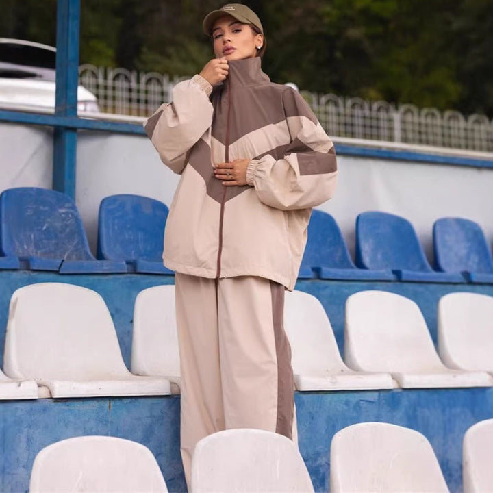 Damen sportlicher Windbreaker-Anzug mit hochgeschlossenem Kragen und trendigen Farbakzenten Drune