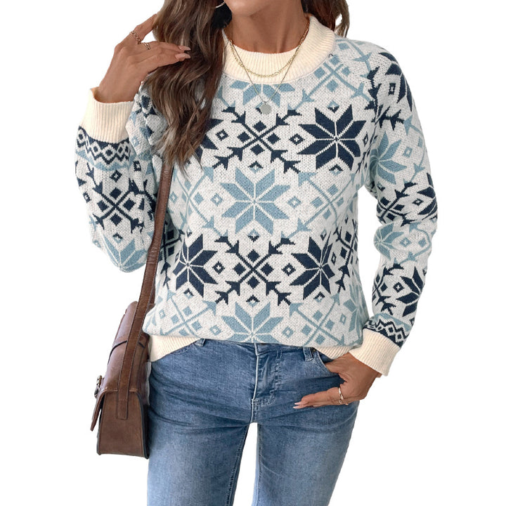 Damen Strickpullover mit winterlichen Mustern und Rundhalsausschnitt Drune