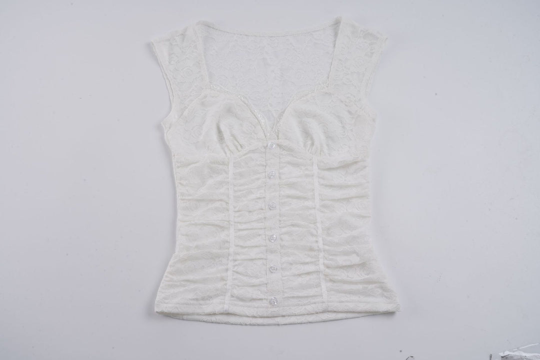 Damen Spitzen-Cropped-Top mit elegantem V-Ausschnitt und Rüschendetails Drune