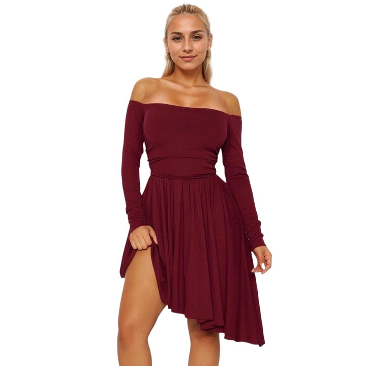 Damen Off-Shoulder Midi-Kleid mit asymmetrischem Saum und langen Ärmeln Drune