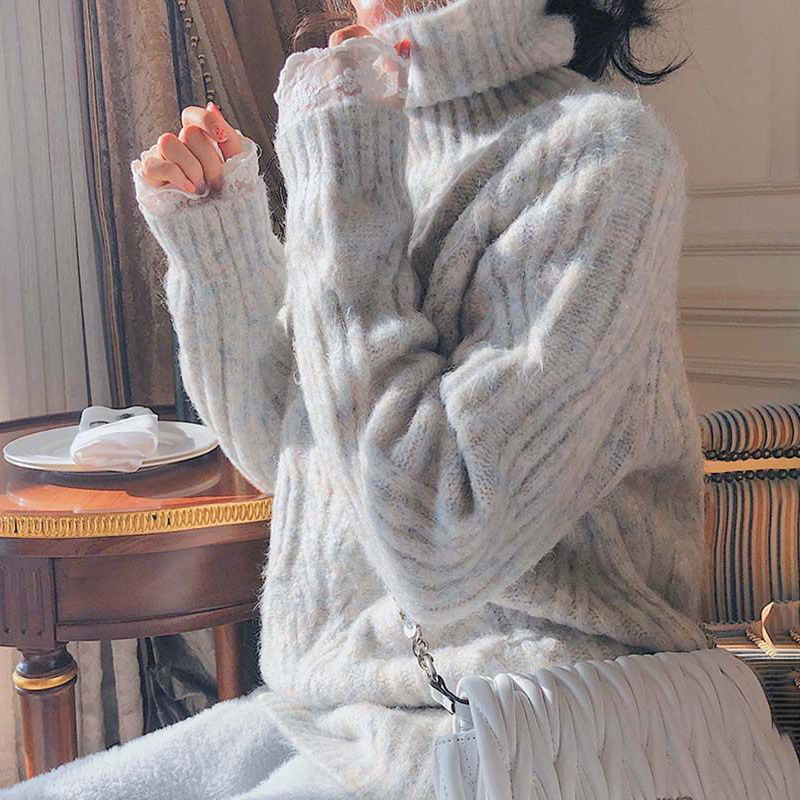 Damen Grobstrickpullover mit hohem Kragen und weichem Material Drune