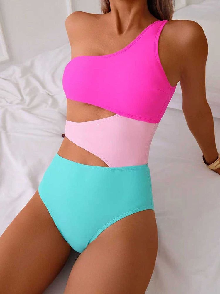 Damen Einteiler Badeanzug mit asymmetrischem Schnitt und trendy Farbkombination Drune