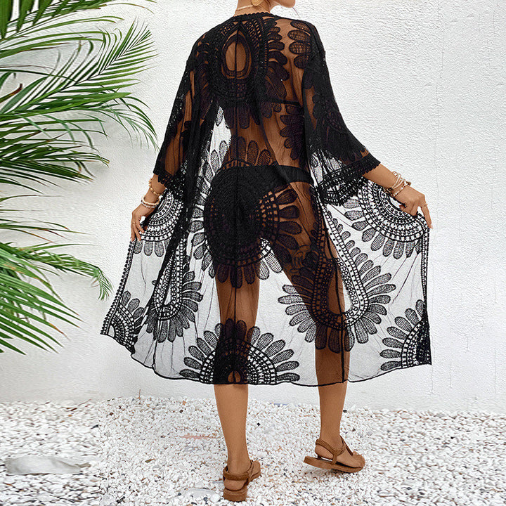Damen transparenter Strandüberwurf mit elegantem Häkelmuster Drune