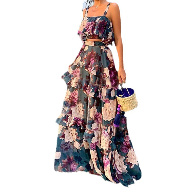 Damen Maxi-Rock mit gestuftem Volant und floralem Design Drune