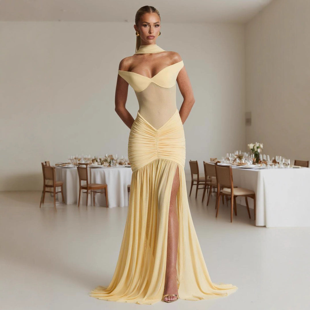 Damen Elegantes Maxikleid mit schulterfreiem Design und Raffung Drune