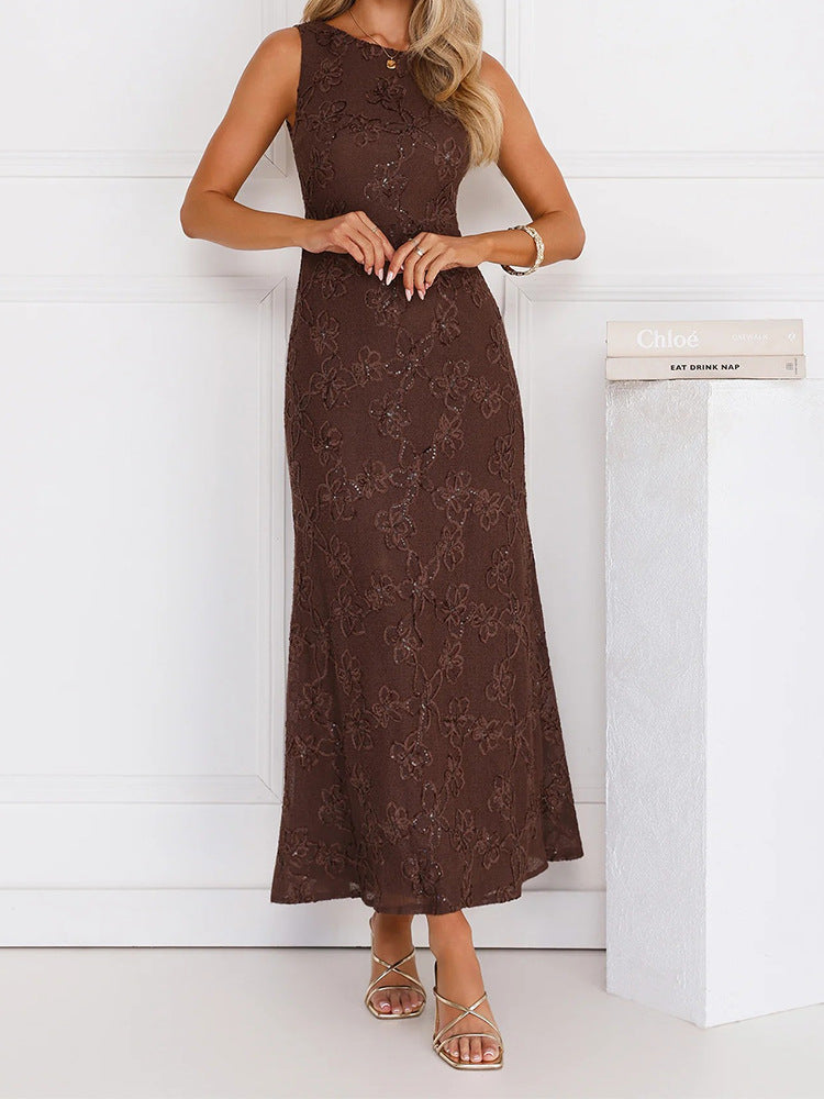 Damen Elegantes Maxikleid mit floralen Spitzenapplikationen Drune