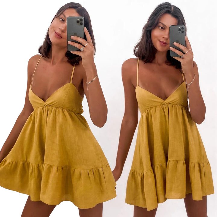Damen Luftiges Sommerkleid mit Volant und Trägern Drune
