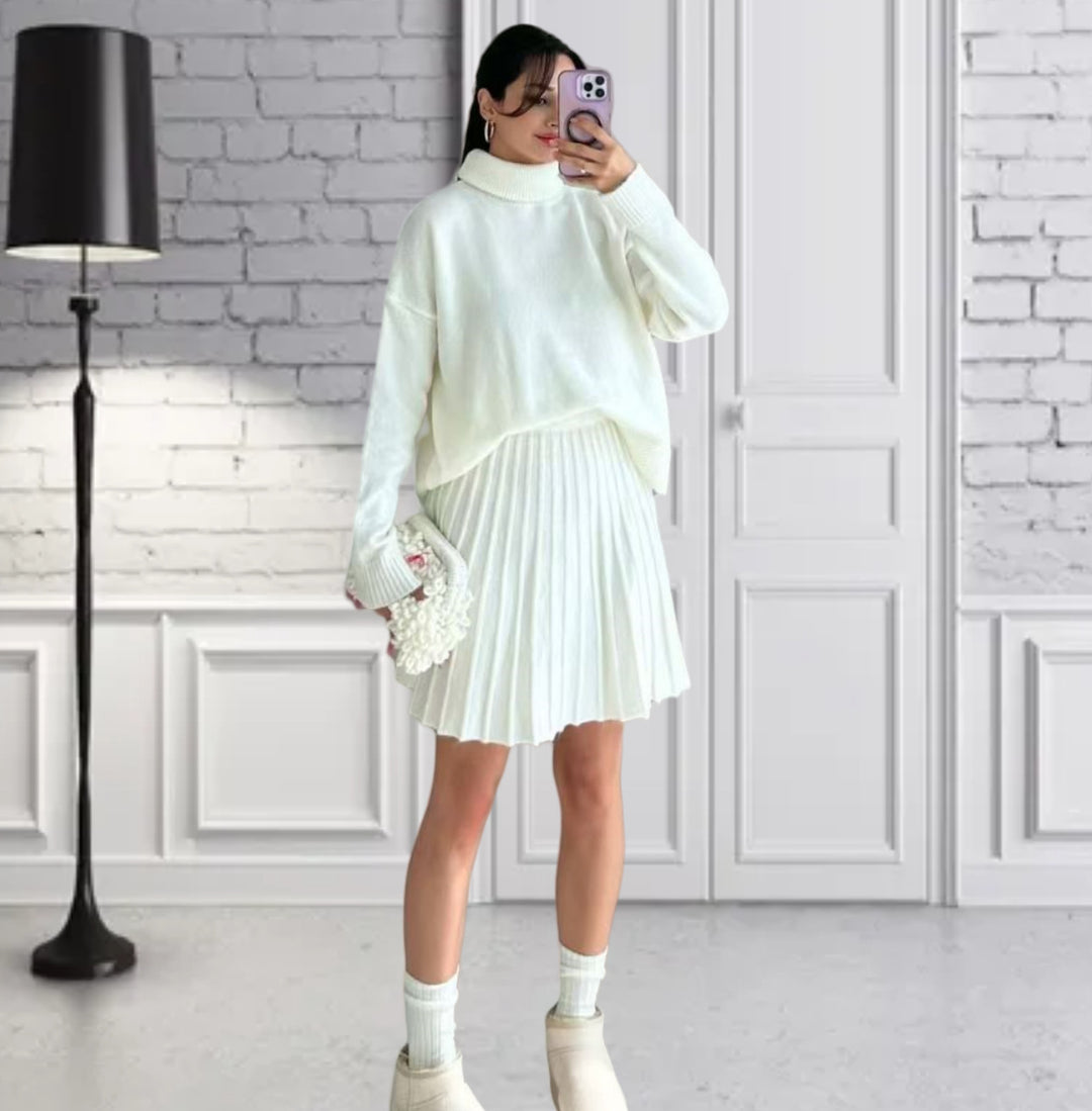 Damen Oversized Strickpullover mit hochwertiger Rippstruktur und passendem Minirock Drune