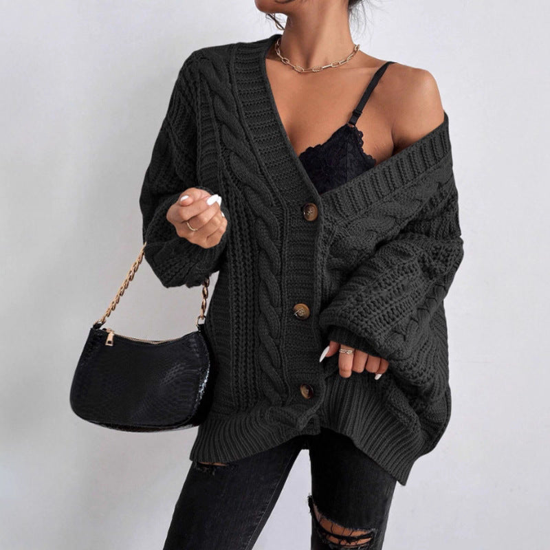 Damen Grobstrick Cardigan mit weiten Ärmeln und Knopfdetails Drune