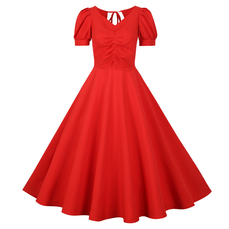 Damen A-linien Kleid mit Puffärmeln und romantischem Rückenausschnitt Drune
