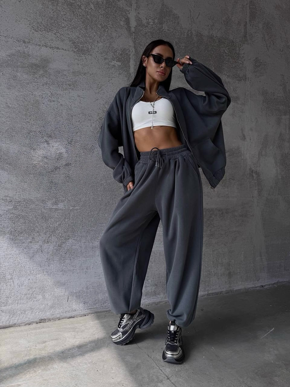Damen Oversized lässiger Sportanzug mit Reißverschluss und elastischer Taille Drune
