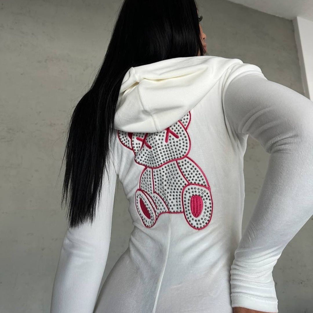 Damen Kapuzenkleid mit funkelndem Bärenmotiv und figurbetonendem Schnitt Drune