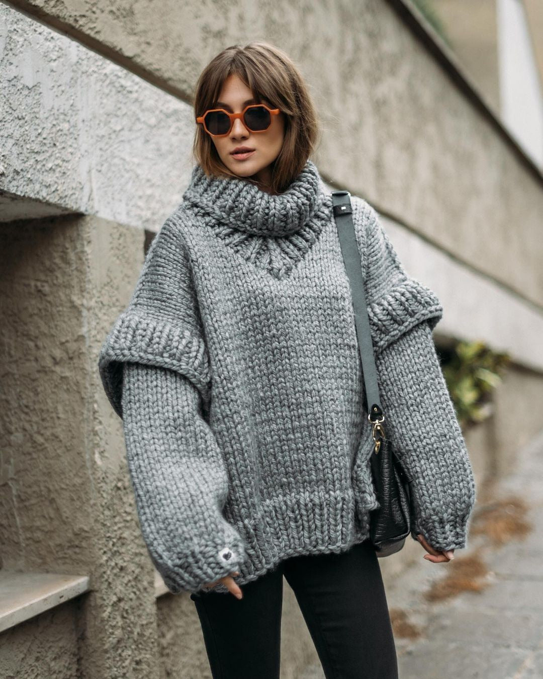 Damen Strickpullover mit hohem Kragen und weit geschnittenen Ärmeln Drune