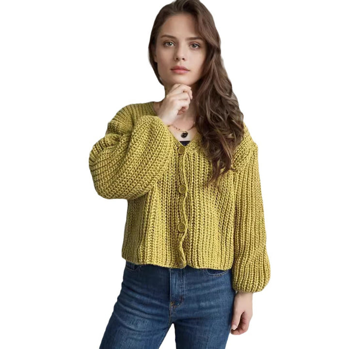 Damen cropped Strickjacke mit grober Maschenstruktur und großen Knöpfen Drune