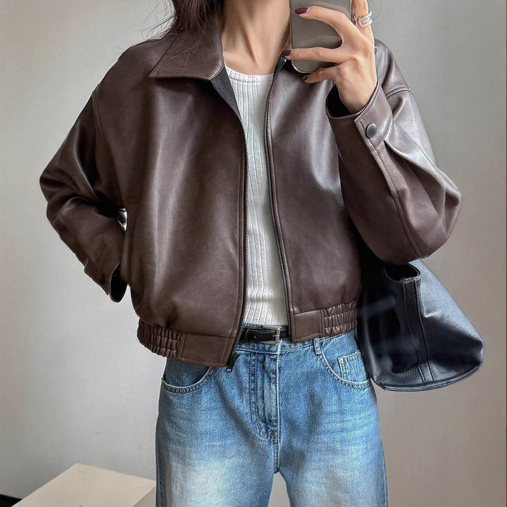 Damen Kunstlederjacke im sportlich-eleganten Schnitt mit elastischem Bund Drune