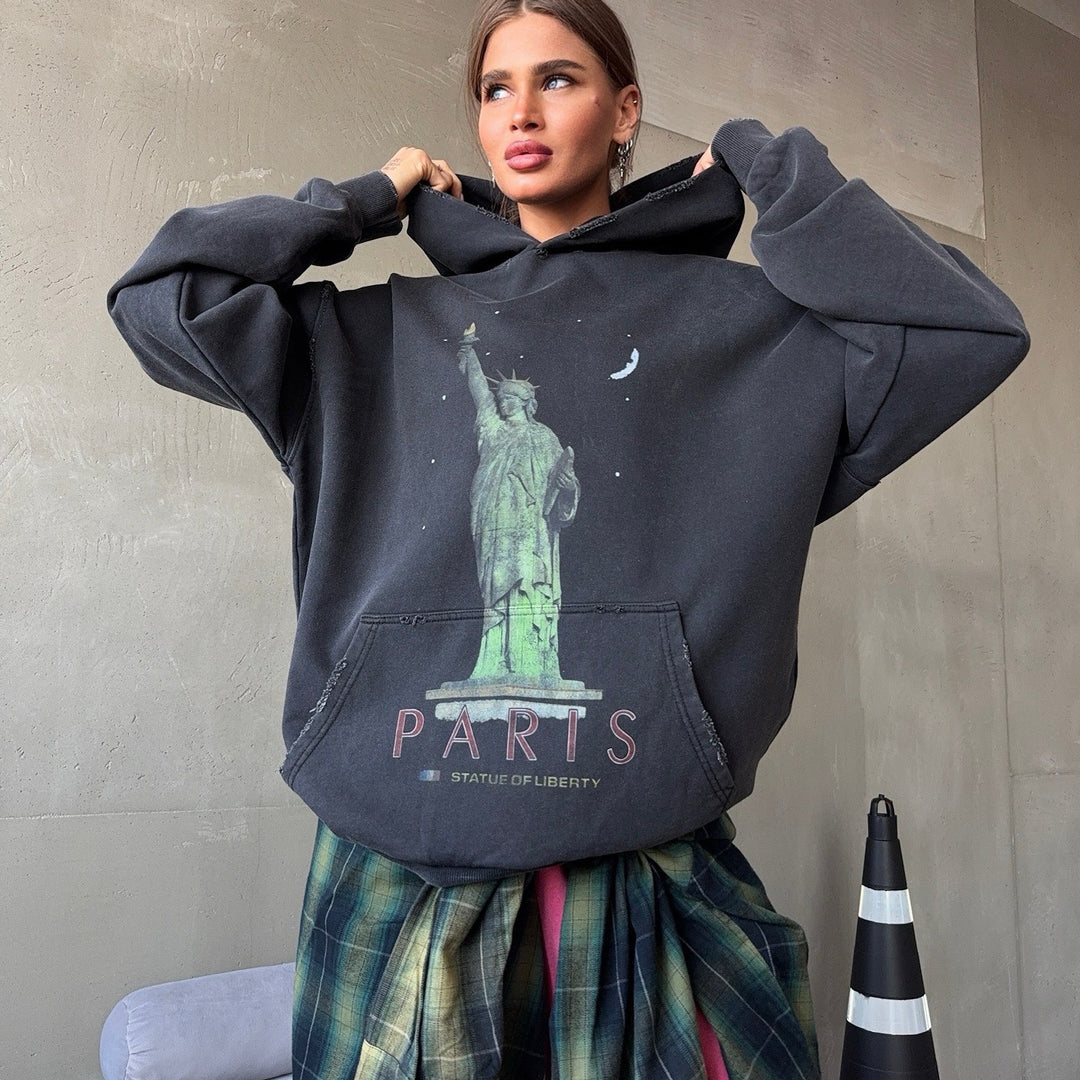 Damen Oversized Kapuzenpullover mit Kunstdruck Drune