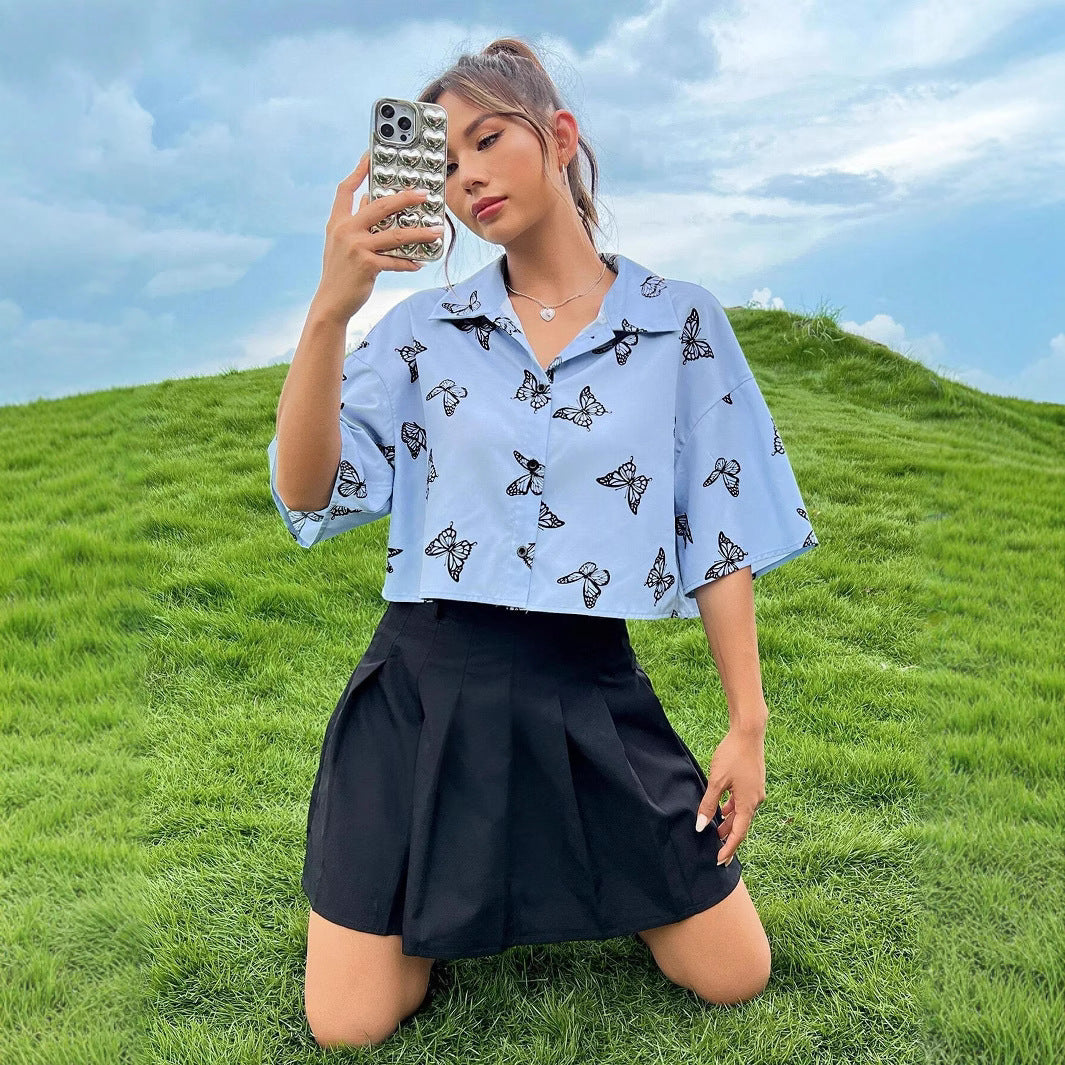 Damen Kurze Bluse mit Schmetterlingsmuster Drune