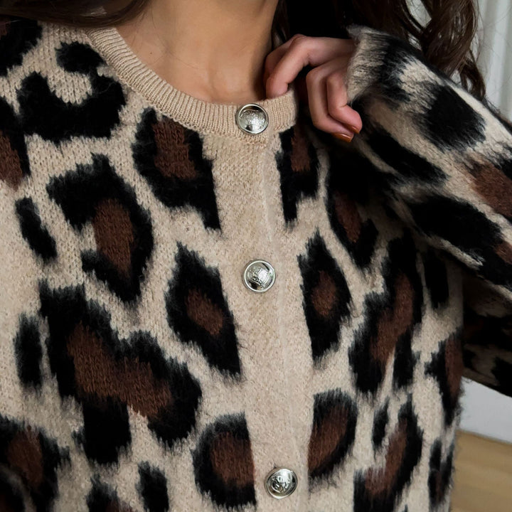 Damen Cardigan mit Leopardenmuster und Knopfdetails Drune