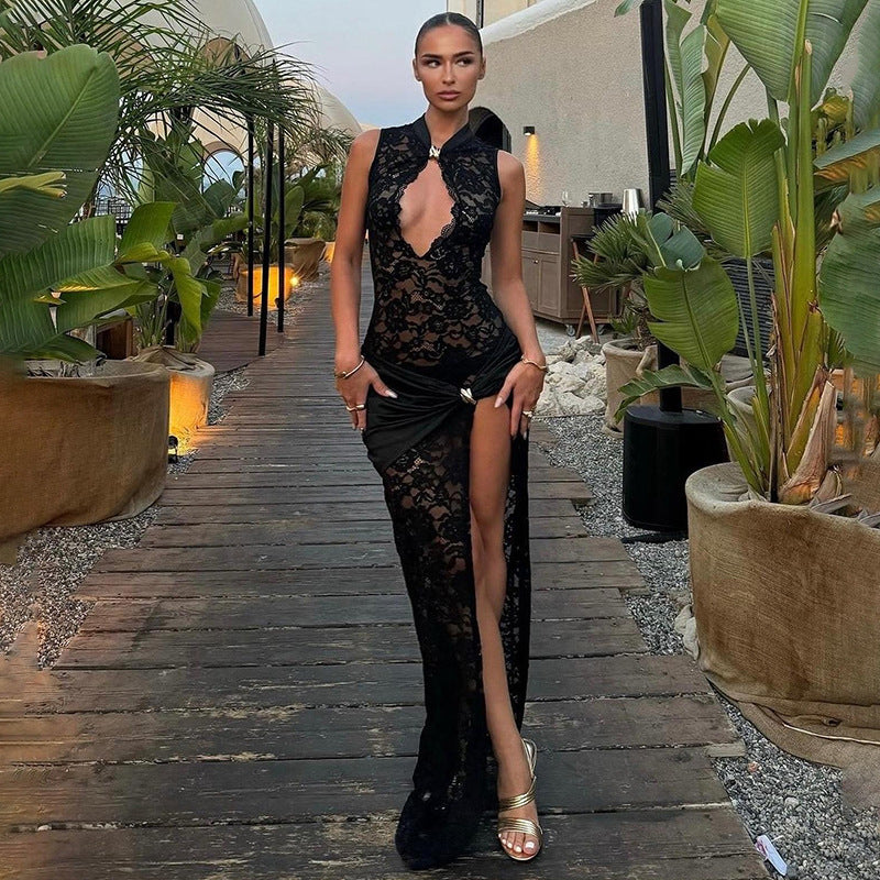 Damen Transparente Spitzenkleid mit elegantem Drapierungsdesign Drune