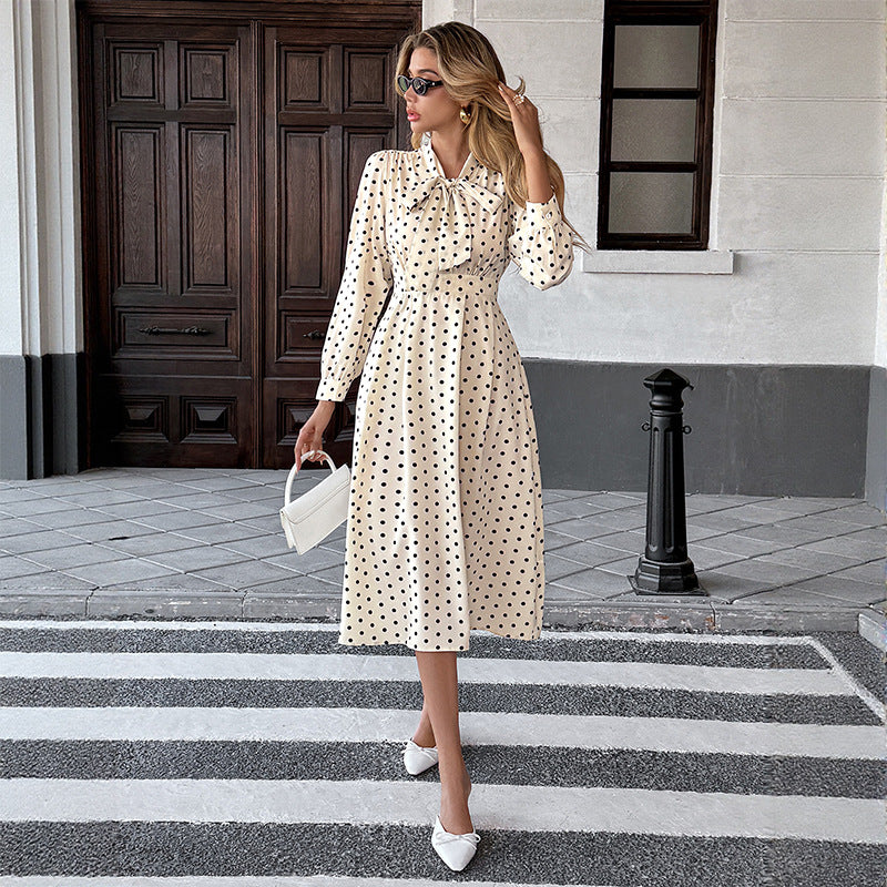 Damen Polka-Dot Midi-Kleid mit Bindekragen und langem Ärmeln Drune