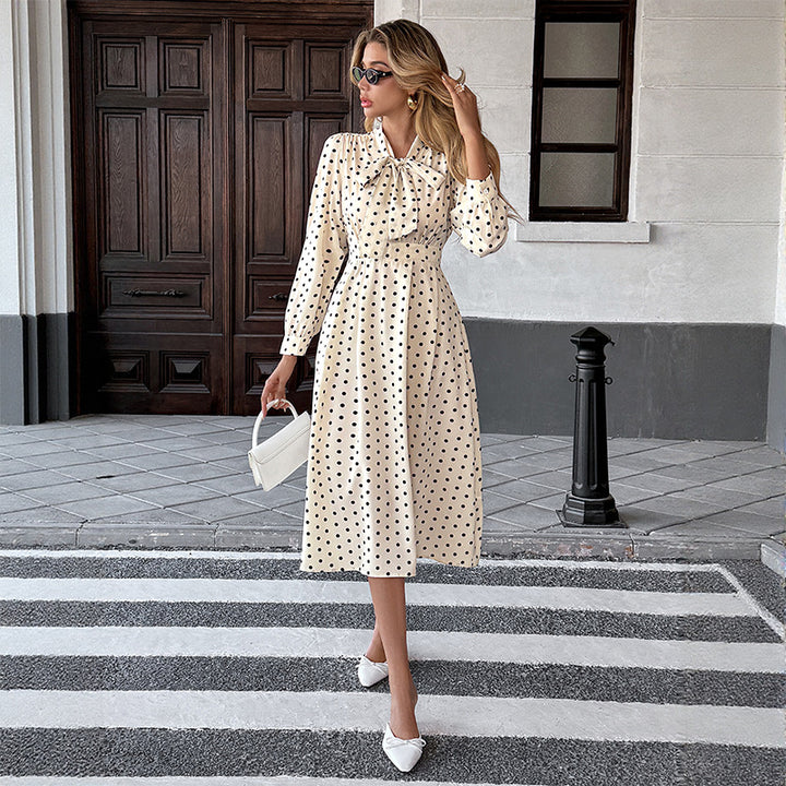 Damen Polka-Dot Midi-Kleid mit Bindekragen und langem Ärmeln Drune
