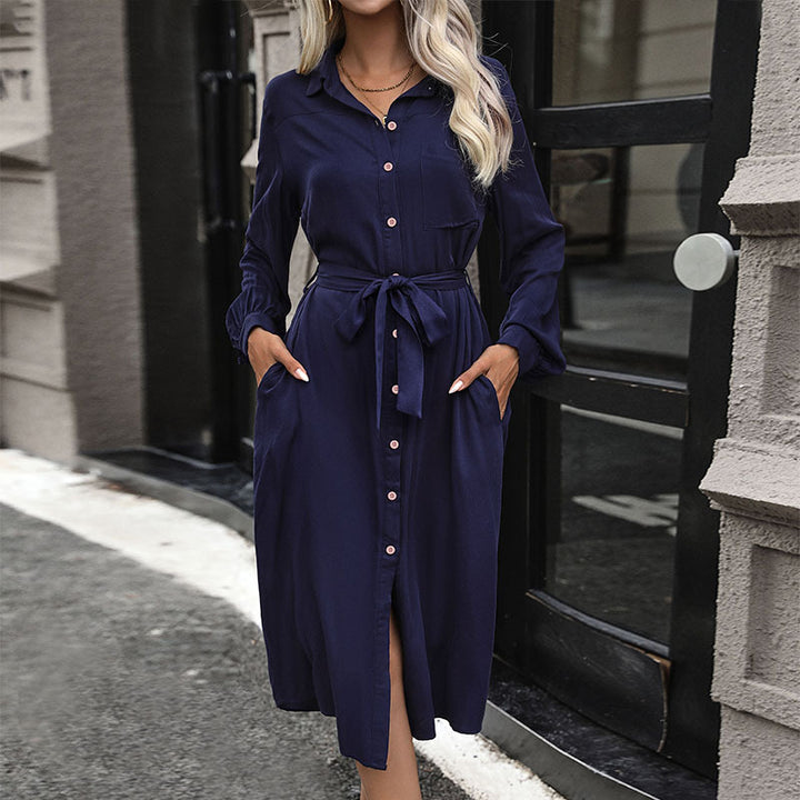 Damen Hemdblusenkleid mit taillierbarem Gürtel und elegantem Schlitz Drune