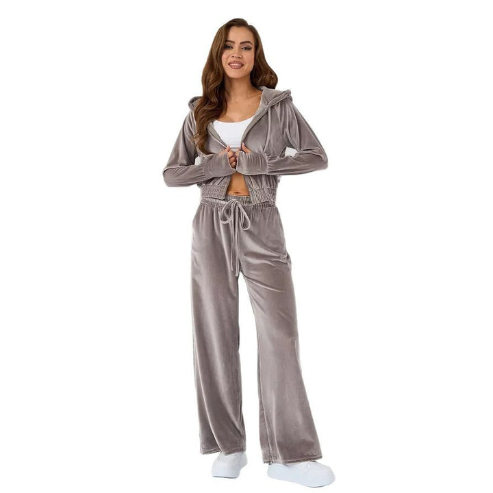 Damen Velours Freizeitanzug mit Kapuze Drune