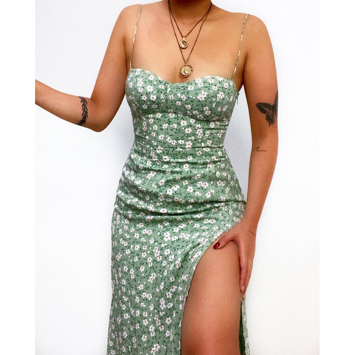 Damen Figurbetontes Maxikleid mit seitlichem Schlitz und Spaghettiträgern Drune