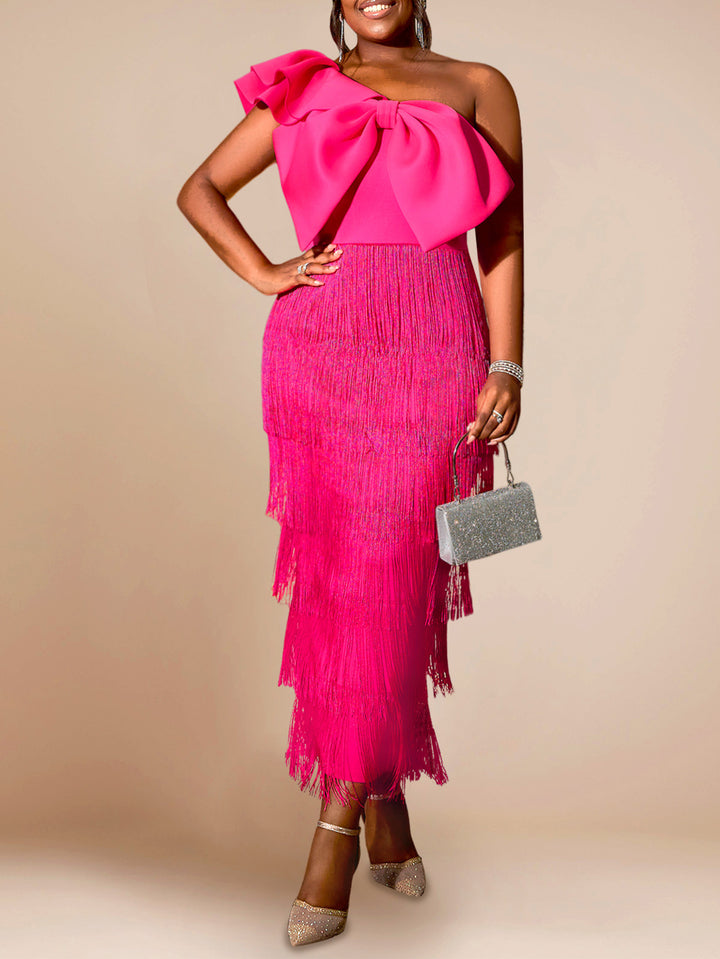 Damen elegantes Kleid mit voluminösem Rüschenelement und Fransen Drune