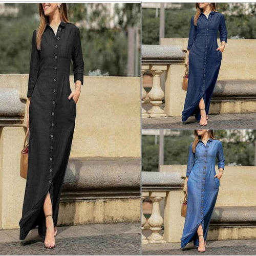 Damen Langarm-Maxikleid mit Knopfleiste und seitlichen Taschen Drune