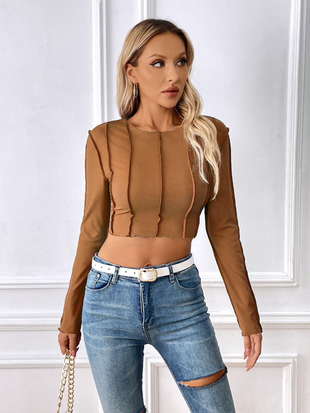 Damen Langarm-Crop-Top mit raffinierten Rüschendetails Drune
