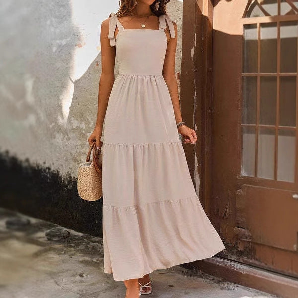 Damen lässiges tief ausgeschnittenes Maxikleid mit Rüschen und verstellbaren Trägern Drune