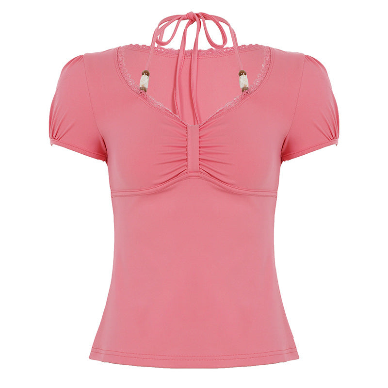 Damen figurbetontes T-Shirt mit verstellbarem Halsband Drune