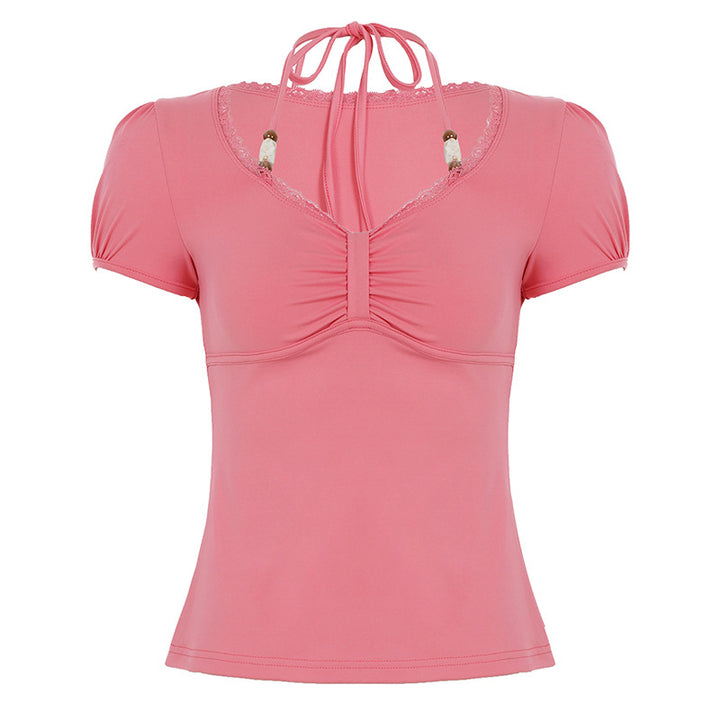 Damen figurbetontes T-Shirt mit verstellbarem Halsband Drune