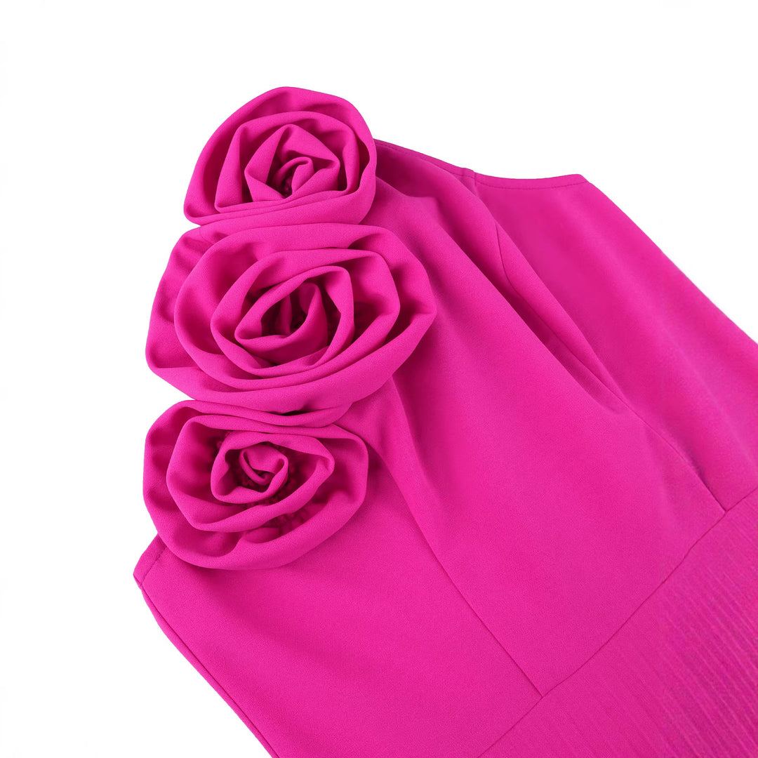 Damen Elegantes Plissiertes Maxikleid mit dekorativen Rosen Drune