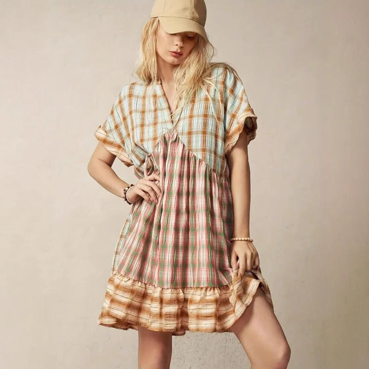 Damen lässiges Tunika-Kleid im karierter Muster mit voluminösem Saum Drune