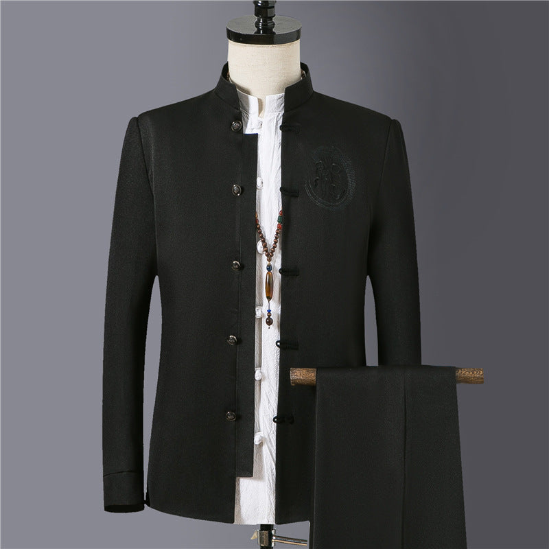 Herren nan asiatisch inspirierte Mandarinjacke mit Stehkragen, Knotenknopfleiste und tonalem Stick-Emblem Drune