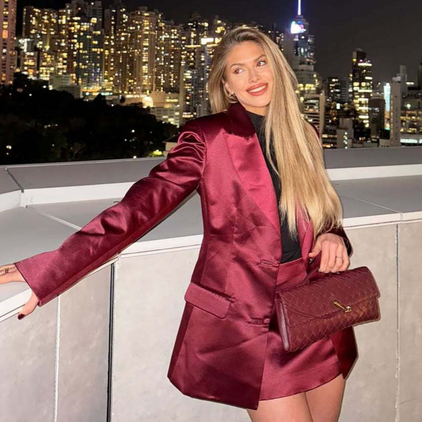Damen eleganter Satin Blazer mit passendem Minirock Drune