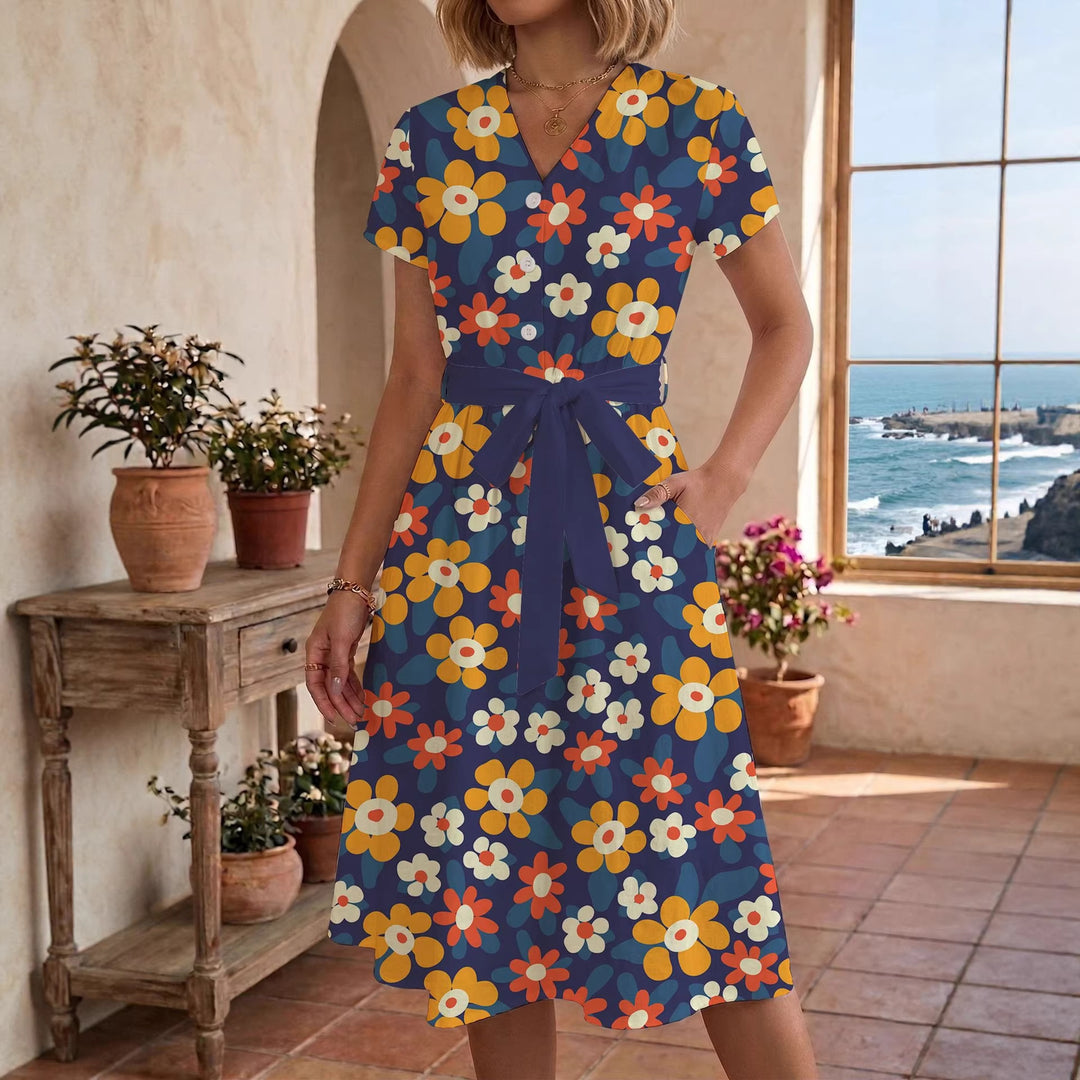 Damen lässiges Maxikleid mit taillierbarem Knoten und dekorativem Karomuster Drune