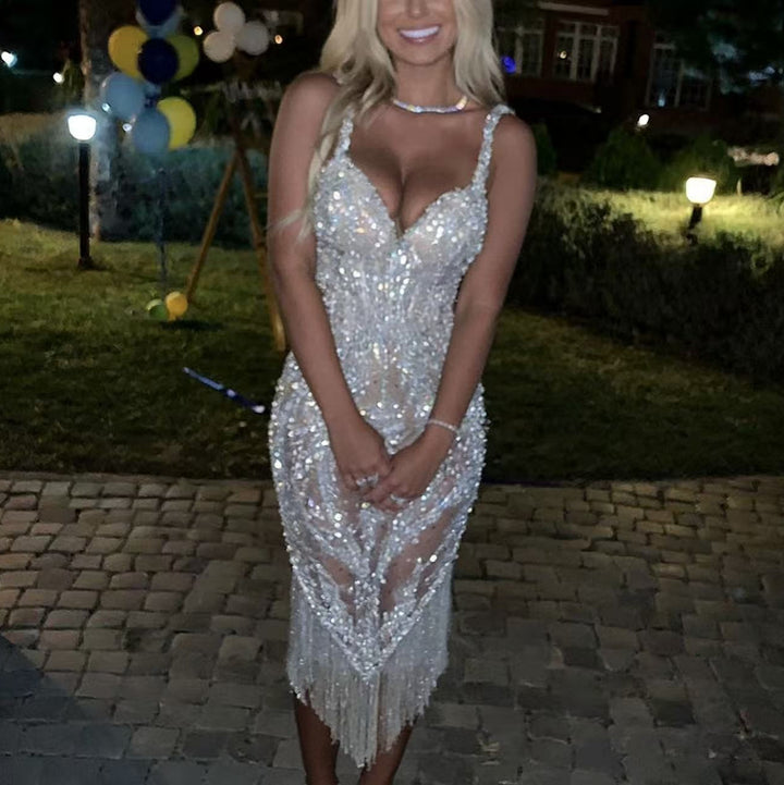 Damen Glamouröses Pailletten-Kleid mit schimmerndem Fransenbesatz und verführerischem Design Drune