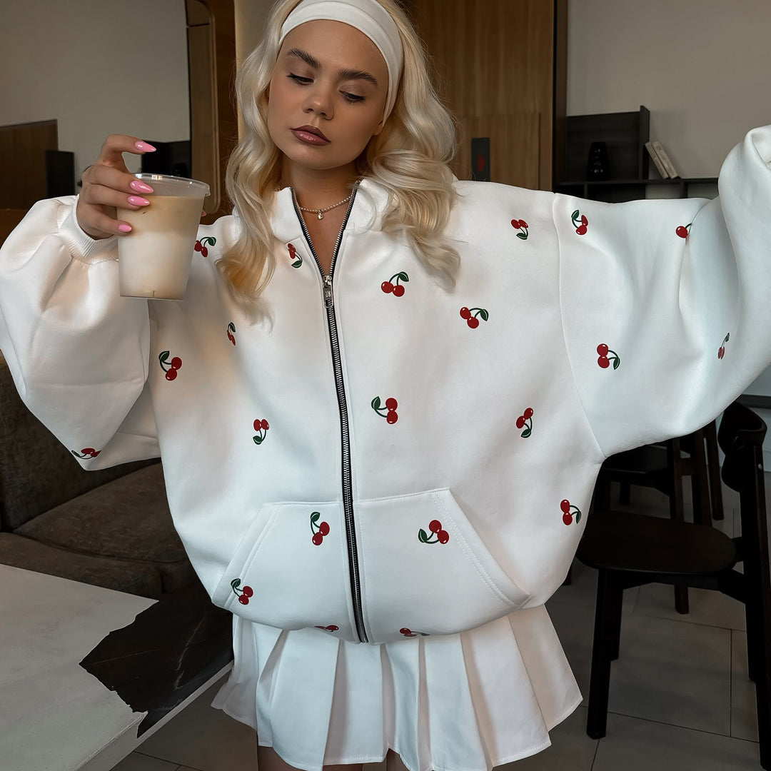 Damen Kapuzenjacke mit einzigartigem Kirschdesign und oversized Schnitt Drune