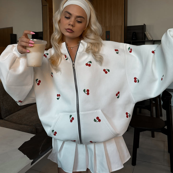 Damen Kapuzenjacke mit einzigartigem Kirschdesign und oversized Schnitt Drune