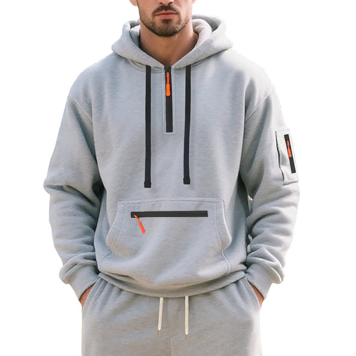 Herren nan technischer Freizeit-Hoodie mit kurzem mittigem Reißverschluss, Reißverschluss-Kängurutasche und Ärmeltasche Drune
