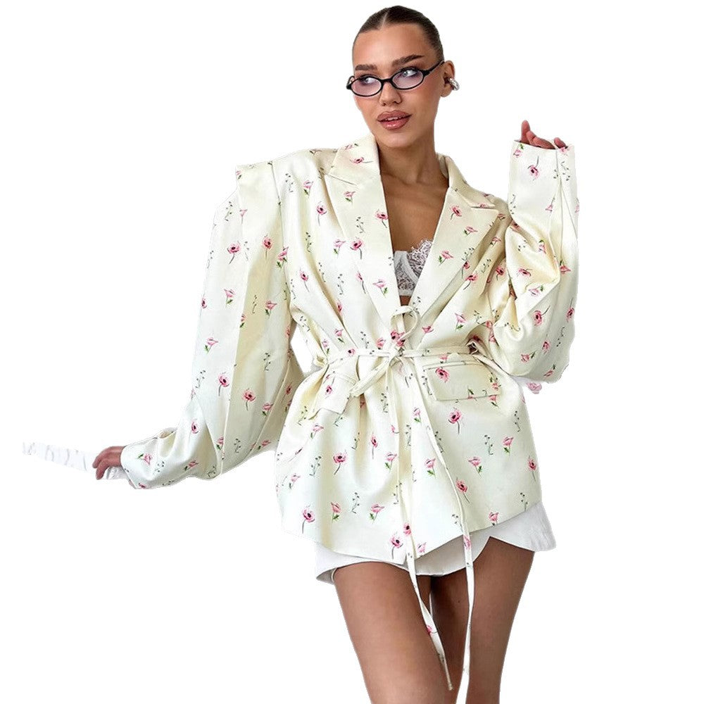 Damen elegante Blazerjacke mit floralem Design und Taillengürtel Drune