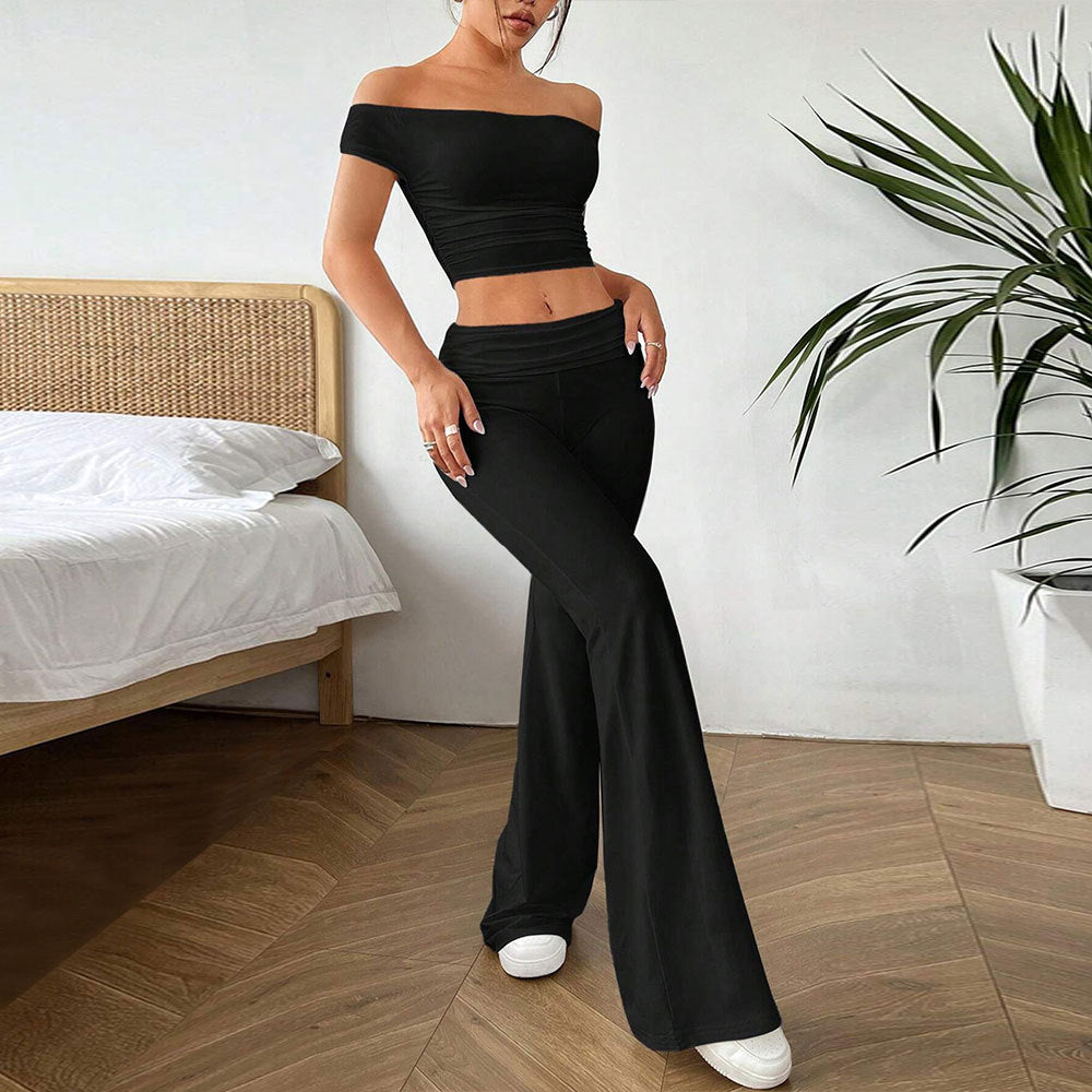 Damen lässiges Crop-Top und High-Waist-Hosen Set Drune