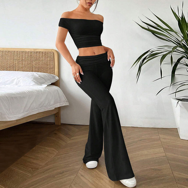 Damen lässiges Crop-Top und High-Waist-Hosen Set Drune