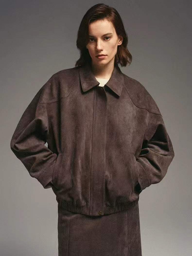 Damen Modische Kunstlederjacke mit elegantem Stehkragen und lässigem Schnitt Drune