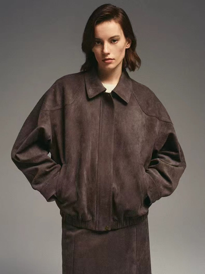 Damen Modische Kunstlederjacke mit elegantem Stehkragen und lässigem Schnitt Drune