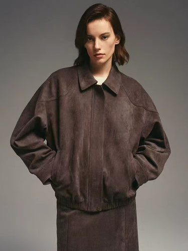Damen Modische Kunstlederjacke mit elegantem Stehkragen und lässigem Schnitt Drune